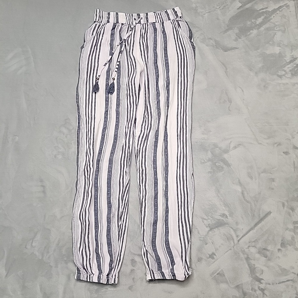 Angie Pant Womens Large Blue Striped Jogger Harem Rayon Tassel Boho Beach Casual